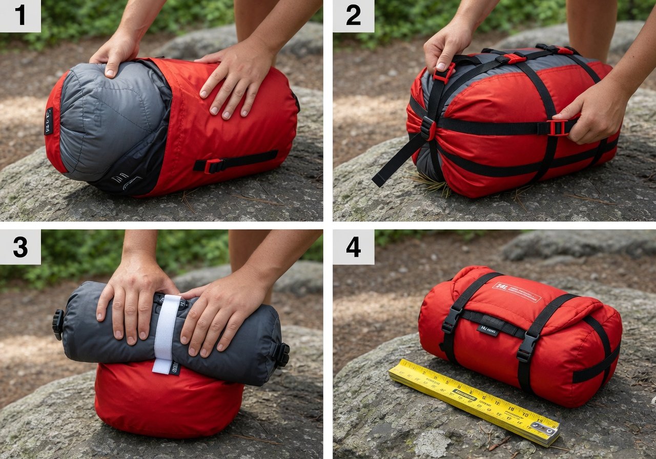Step-by-step sleeping bag compression into a dry sack for backpack attachment on a trail
