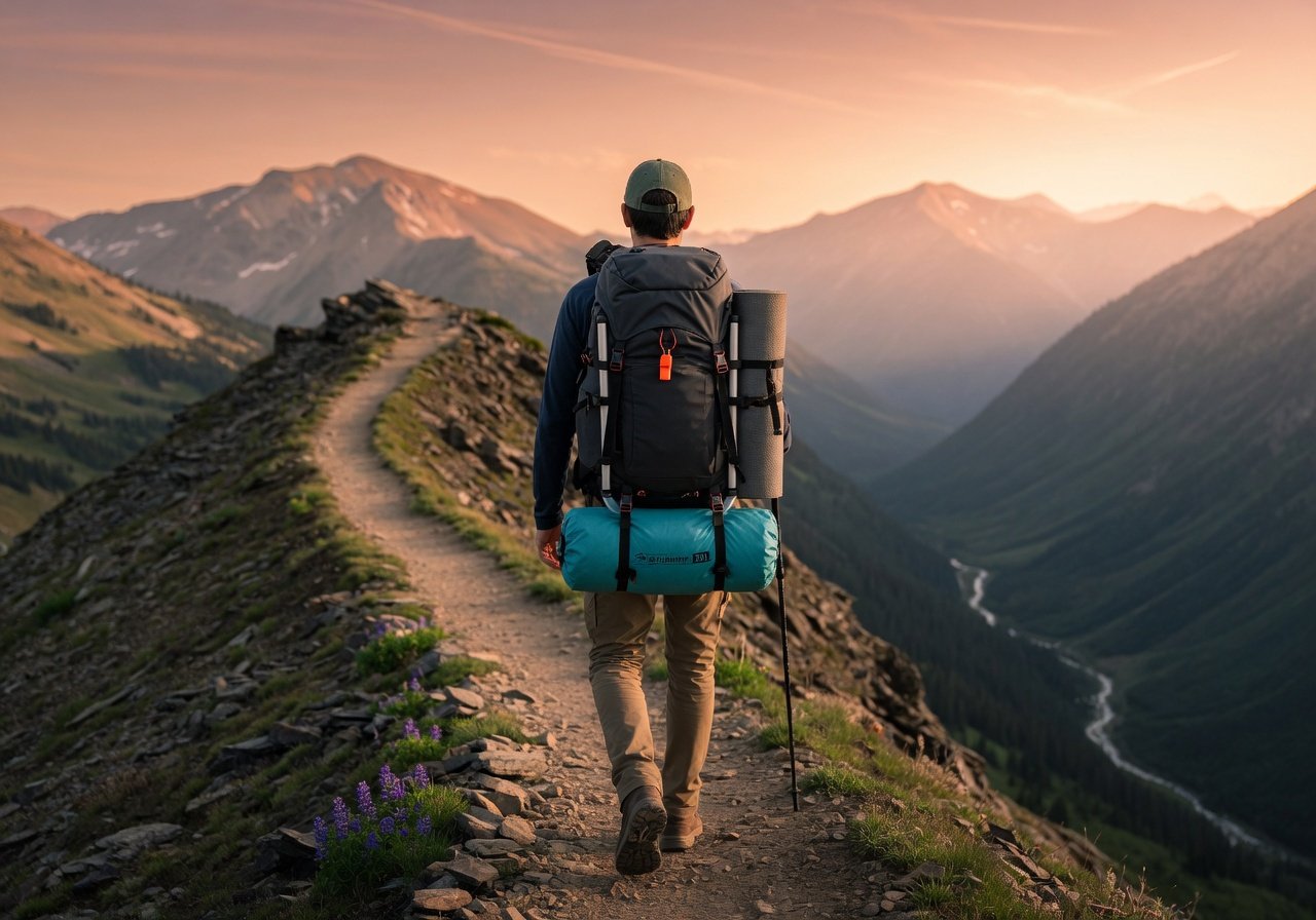 Backpacker with a fully loaded pack including properly attached sleeping bag hiking a ridgeline trail at sunset