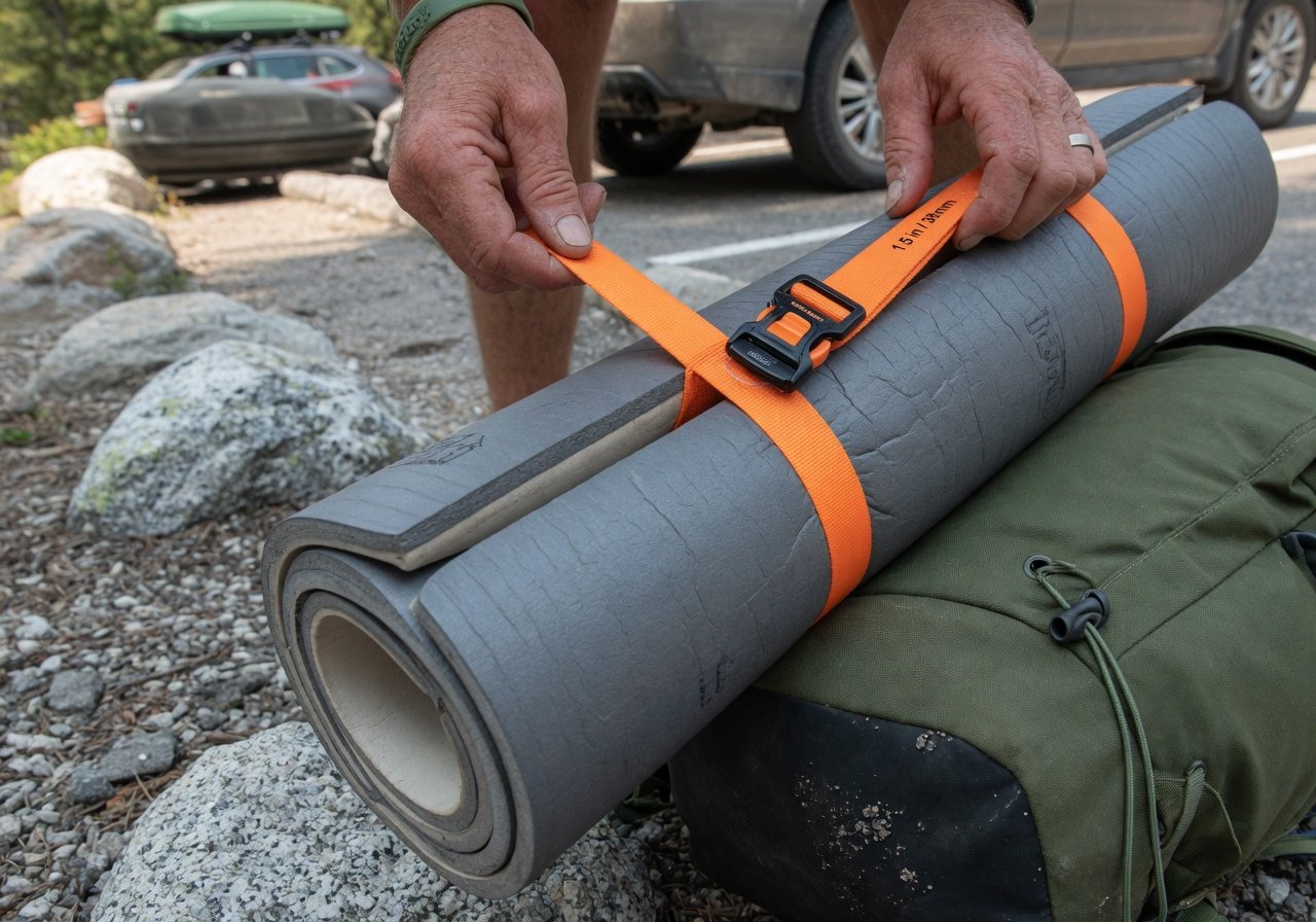 Close-up of hands threading orange compression strap through hollow center of rolled foam sleeping mat at backpack base