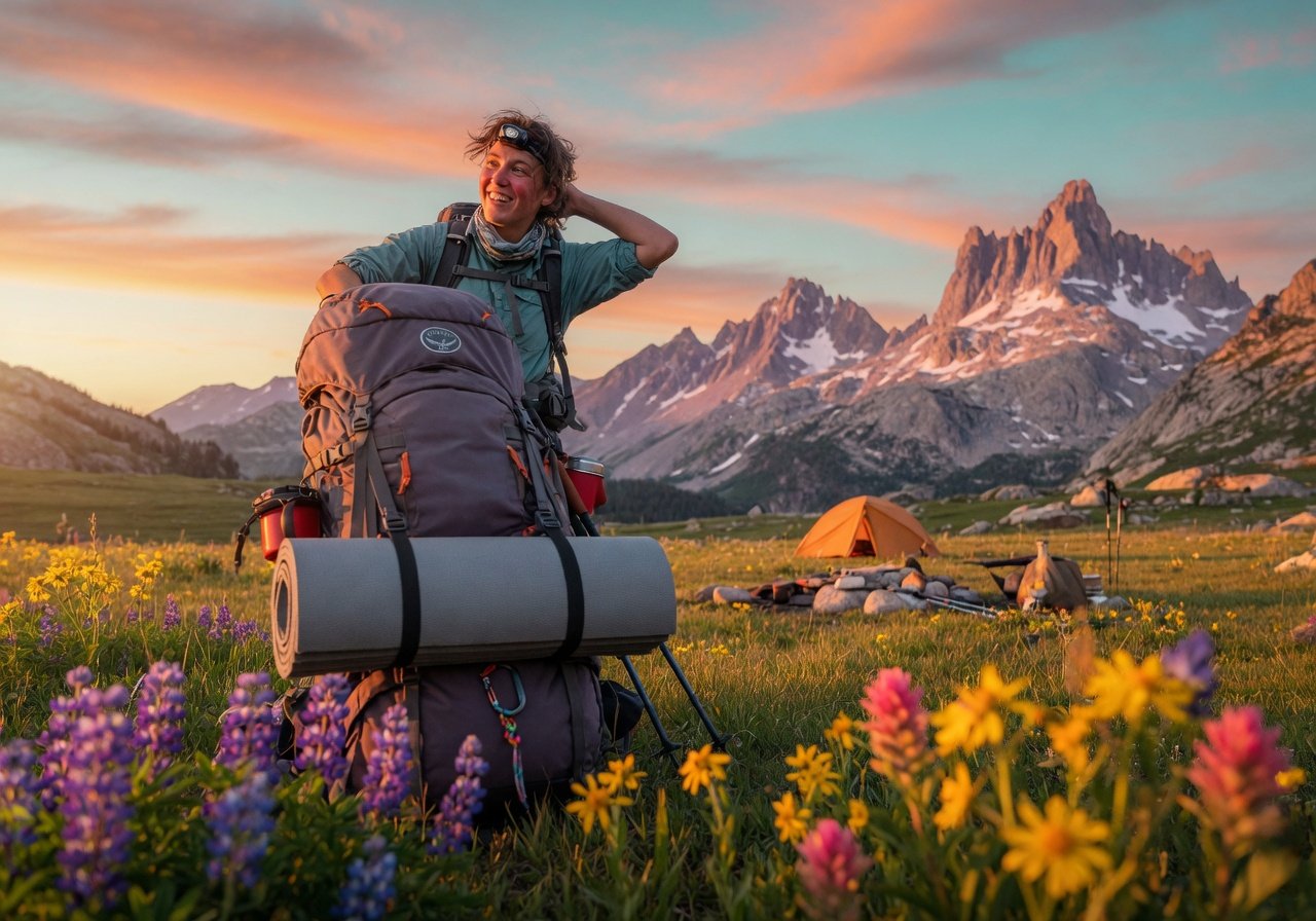 Happy backpacker arriving at alpine meadow campsite with sleeping mat securely strapped to backpack, mountain peaks behind