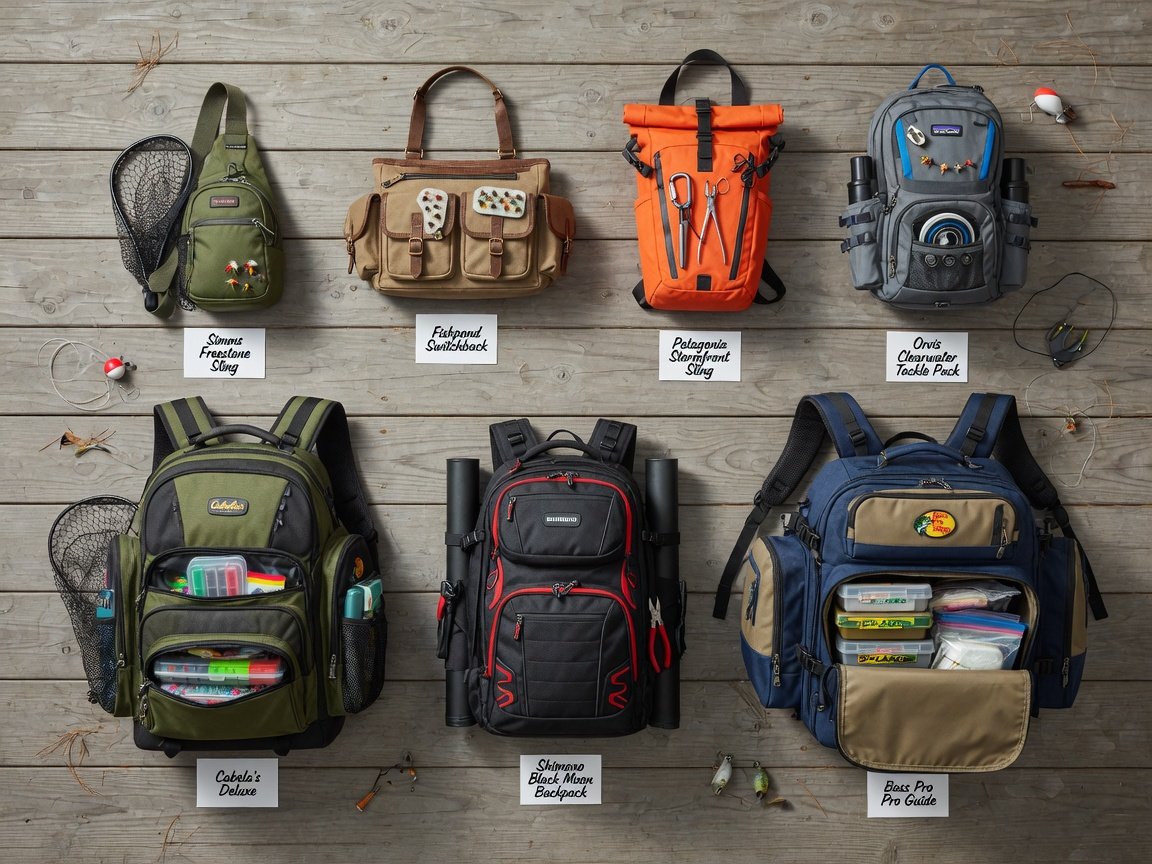 Flat lay overhead view of seven distinct fishing backpacks arranged on a wooden surface, ranging from compact slings to