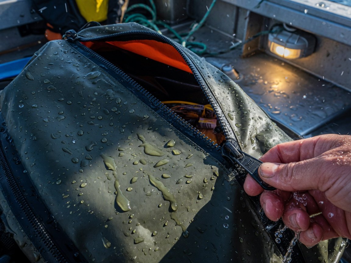 Close-up detail shot of a fishing backpack zipper being pulled open by a wet hand on a boat, showing water beading on