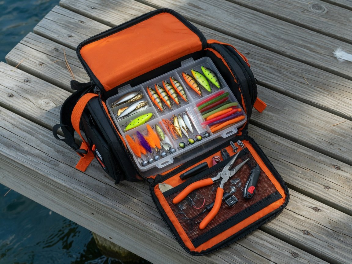 Compact black and orange fishing sling bag laid open on a wooden dock showing neat rows of fishing lures and pliers in