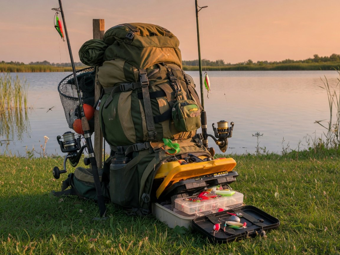 A fully packed fishing backpack standing upright on green grass near a lake, rod and reel combos attached to external