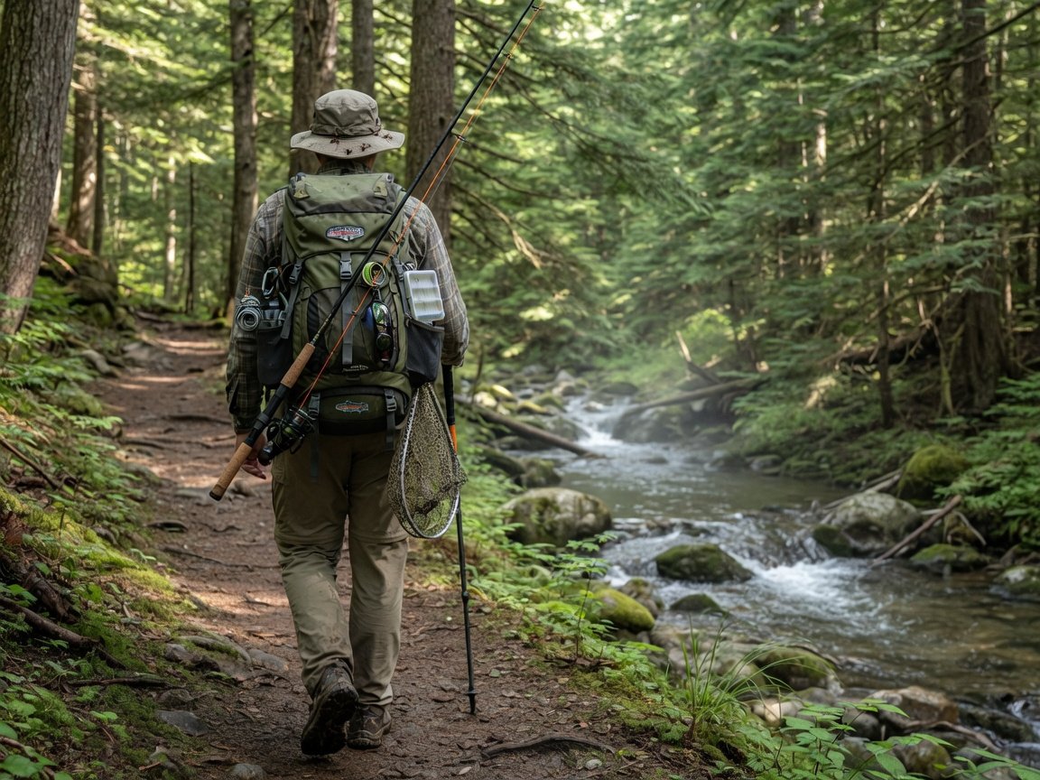 Lightweight fishing combo backpack worn by a hiker on a forested trail, small mountain stream visible in the