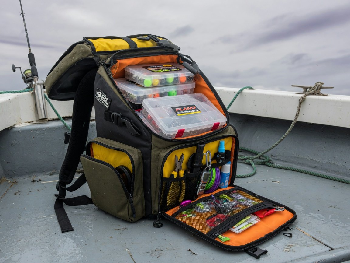 Large 42-liter fishing tackle backpack propped open on the deck of a fishing boat, showing multiple deep compartments