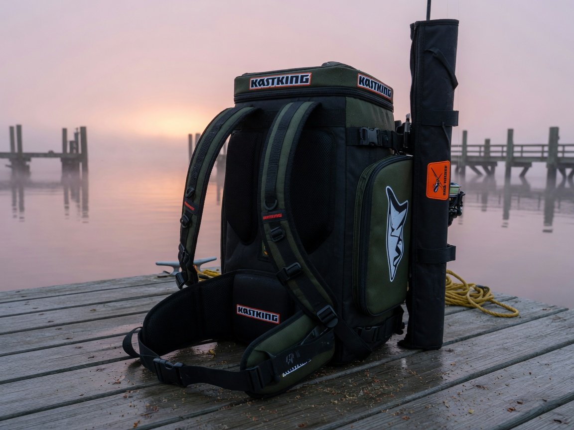 KastKing branded fishing tackle backpack standing upright on a fishing pier at dawn, rod holder visible on the side
