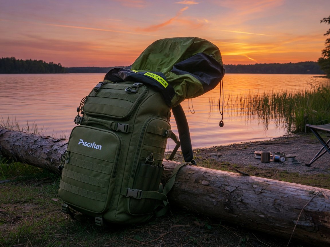 Piscifun fishing backpack in olive green color propped against a log at a lakeside campsite, external rain cover