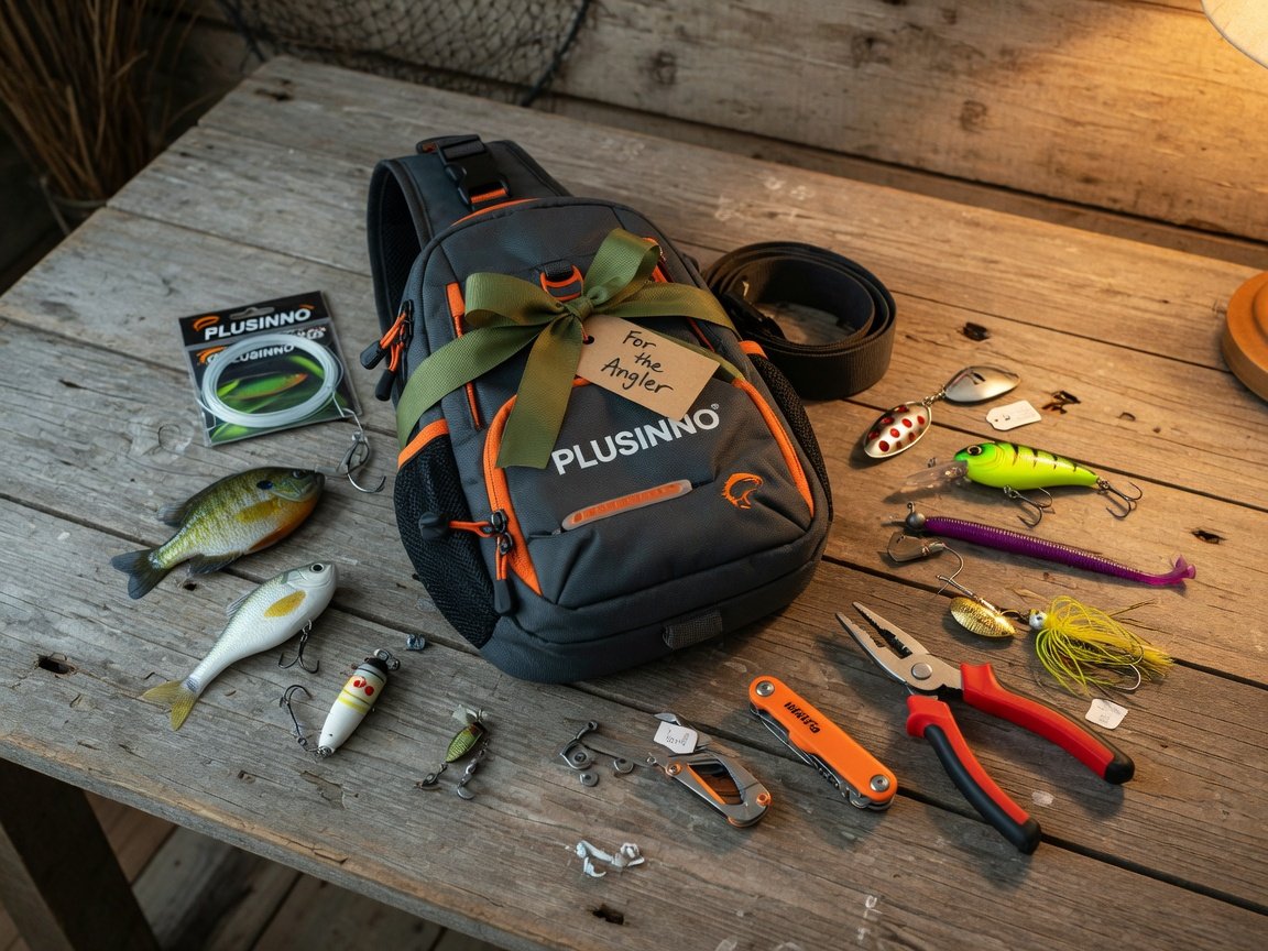 PLUSINNO fishing sling bag displayed as a gift on a rustic wooden table, fishing lures and pliers fanned out around it