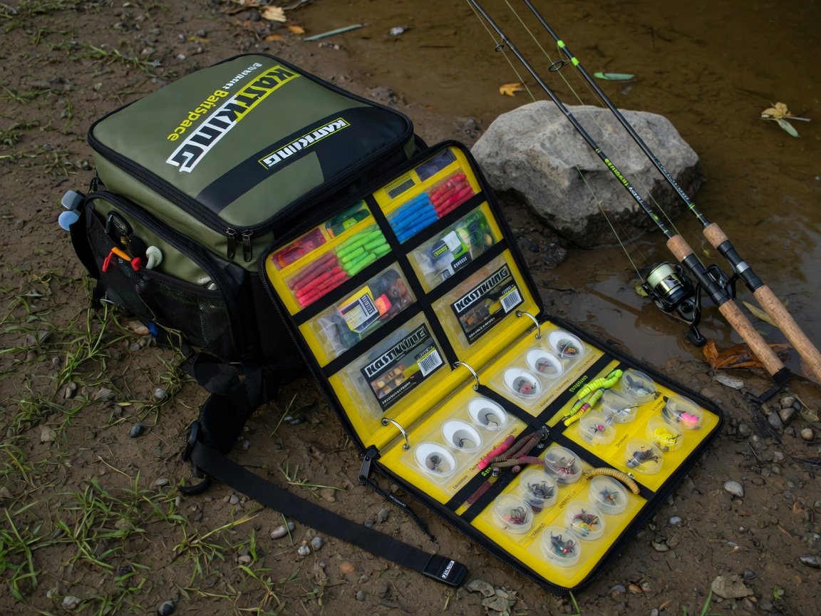 Close-up of a KastKing BaitSpace backpack with the removable bait binder section pulled out and open, showing organized