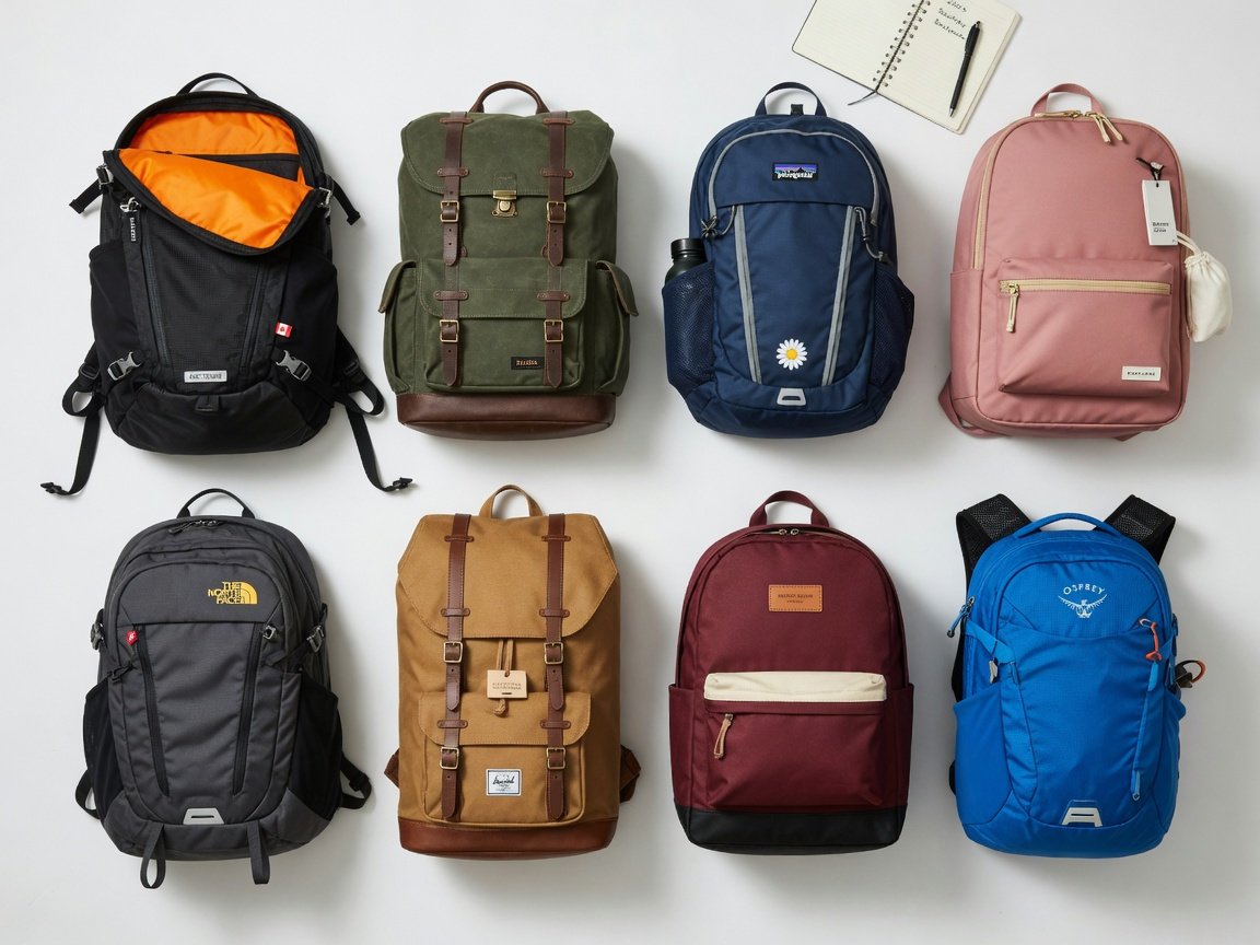Professional editorial flat-lay of all 8 backpacks from this roundup arranged on a clean white studio surface, overhead