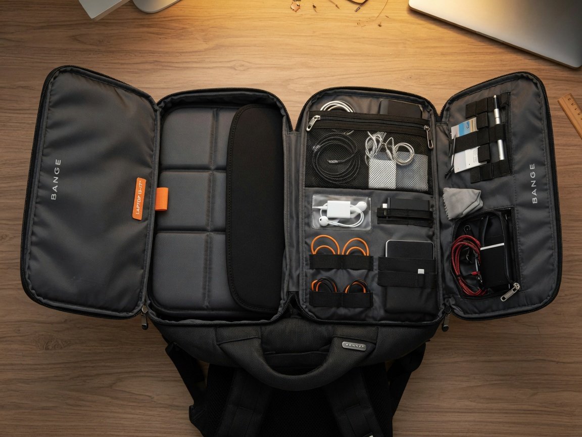 BANGE black business laptop backpack open on a wooden desk showing padded laptop sleeve, multiple cable pockets, and