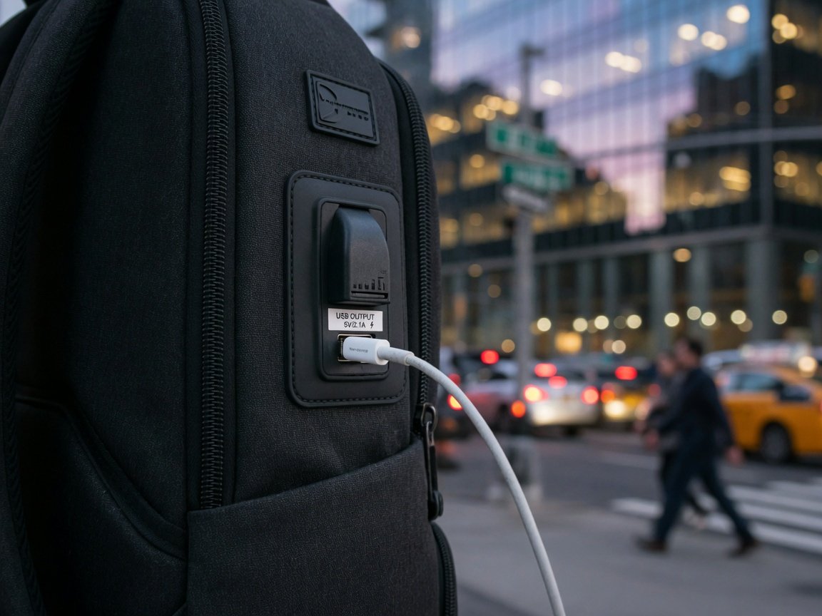 Close-up of a USB charging port on the side of a black business backpack with a smartphone cable plugged in, blurred