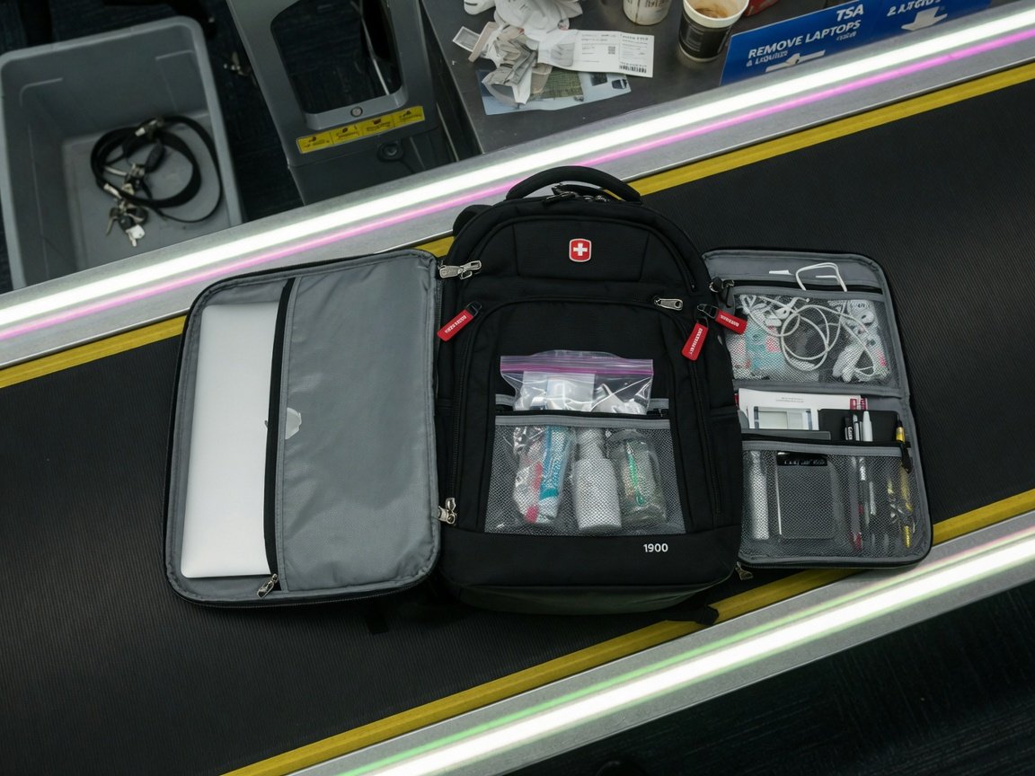 Black SwissGear 1900 backpack laid flat open at an airport security belt showing the lay-flat laptop compartment