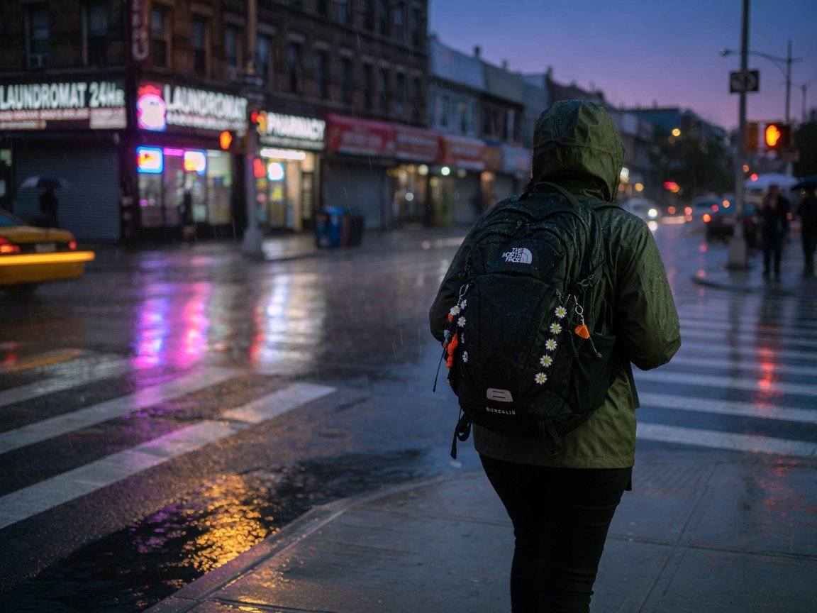 Person wearing a black North Face Borealis backpack walking along a rain-slicked city street at dusk, shallow depth of
