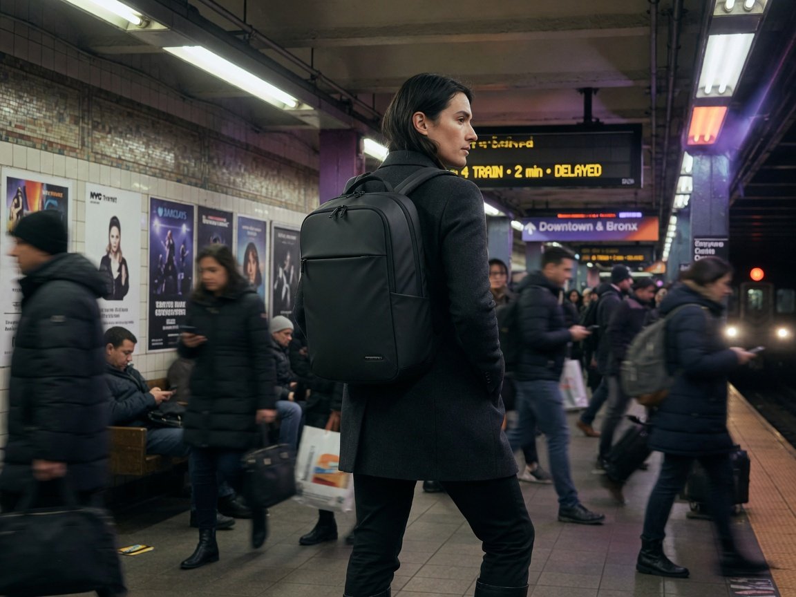 Person in a busy subway station wearing a sleek black anti-theft backpack with hidden zippers facing their back
