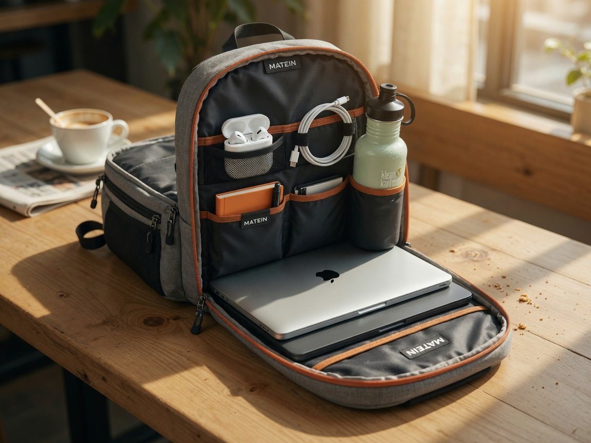 Grey MATEIN laptop backpack open on a coffee shop table with a MacBook, wireless earbuds, charging cable, and reusable