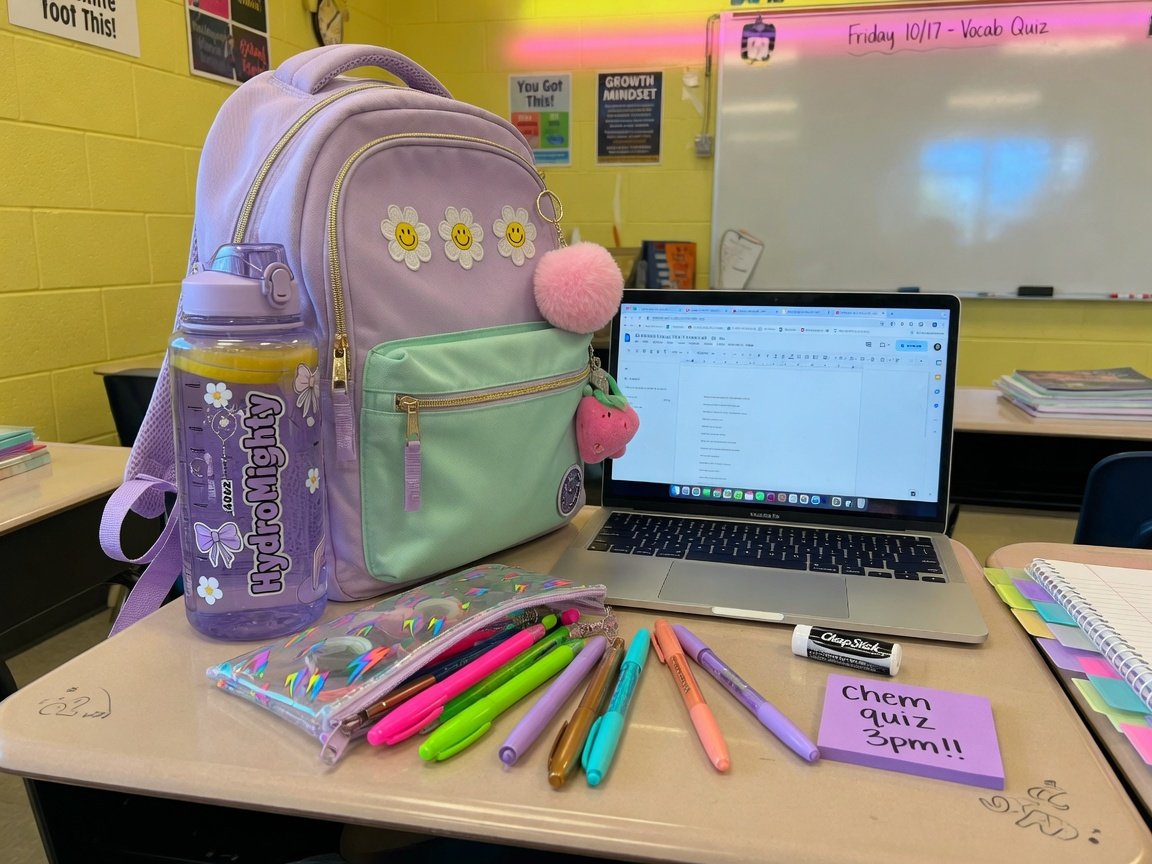 Aesthetic school backpack on a high school desk beside a laptop, oversized water bottle in the side cup holder, pencil