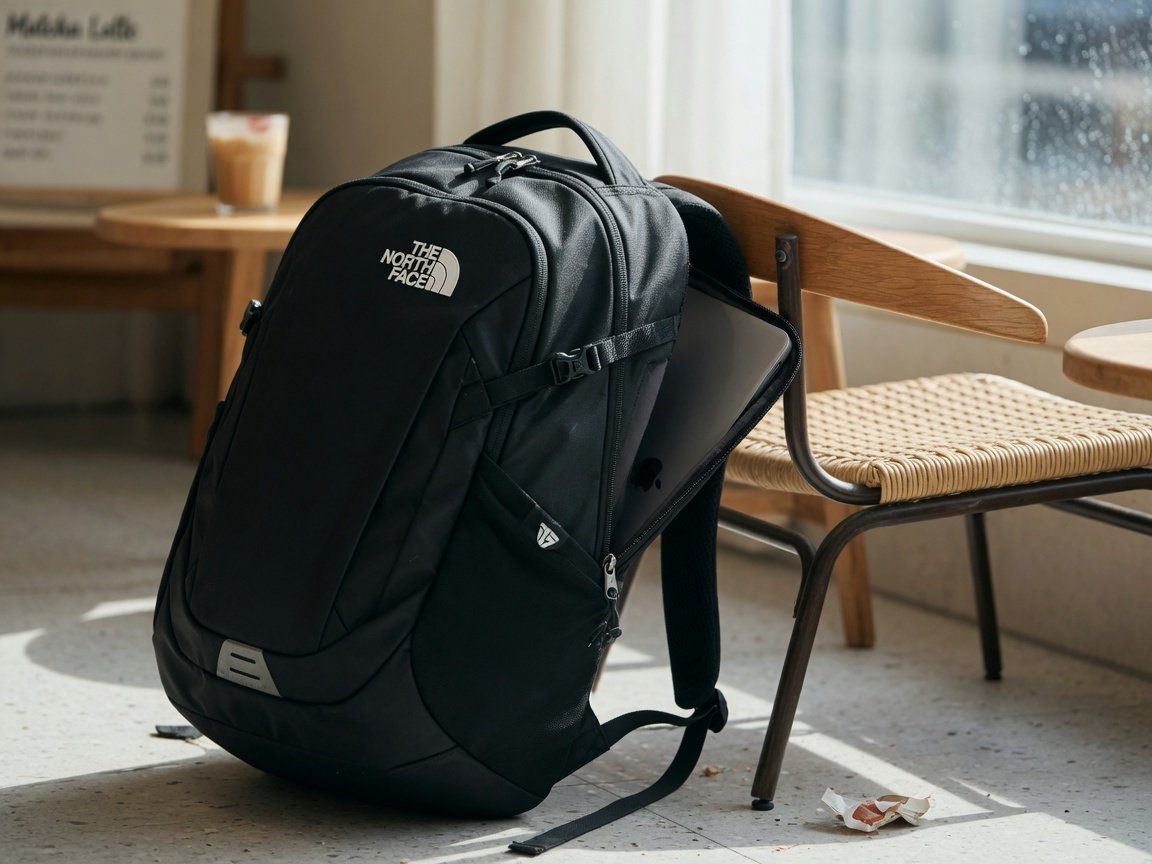 A North Face Vault backpack in TNF Black leaning against a coffee shop chair, laptop sleeve zipper slightly open