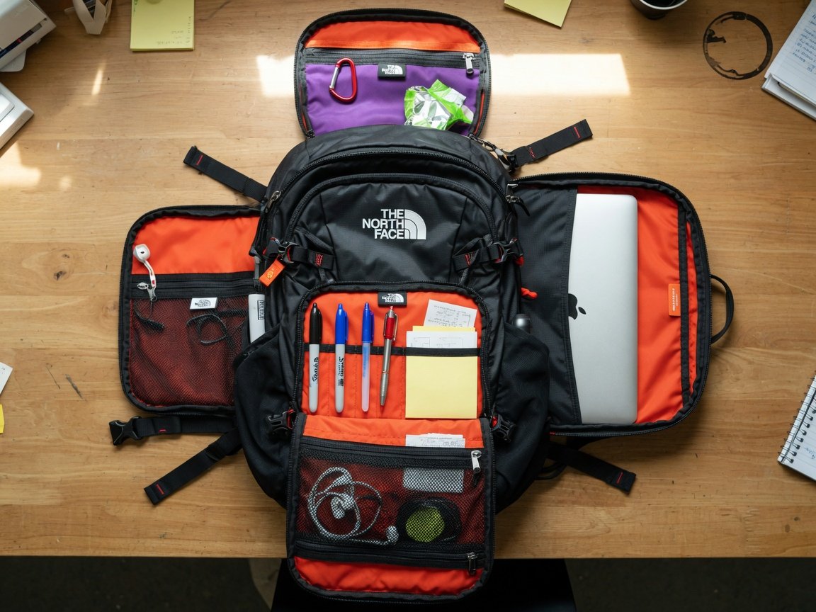 The North Face Vault backpack laid flat on a wooden desk, all compartments open to show internal organization, pens in