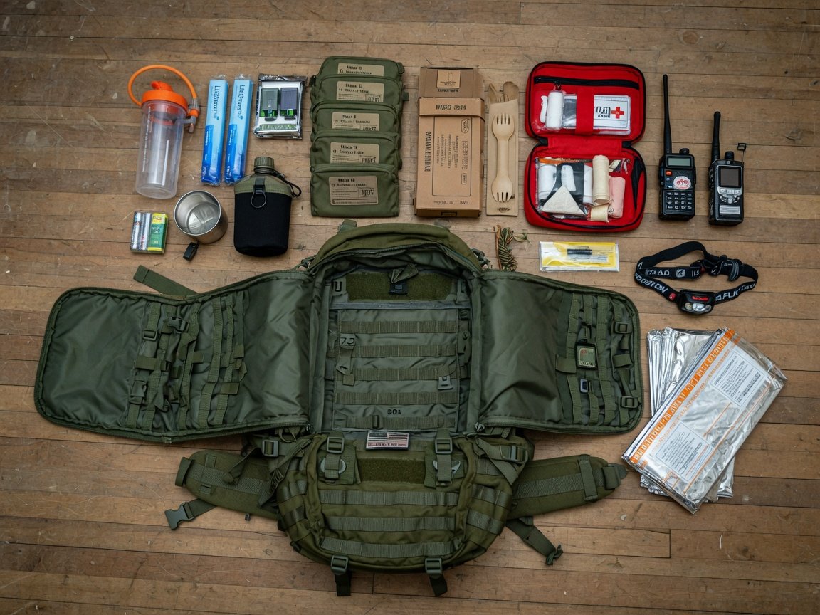 Overhead flat-lay of a fully loaded 72-hour bug out bag on a weathered wooden table, surrounded by a first aid kit