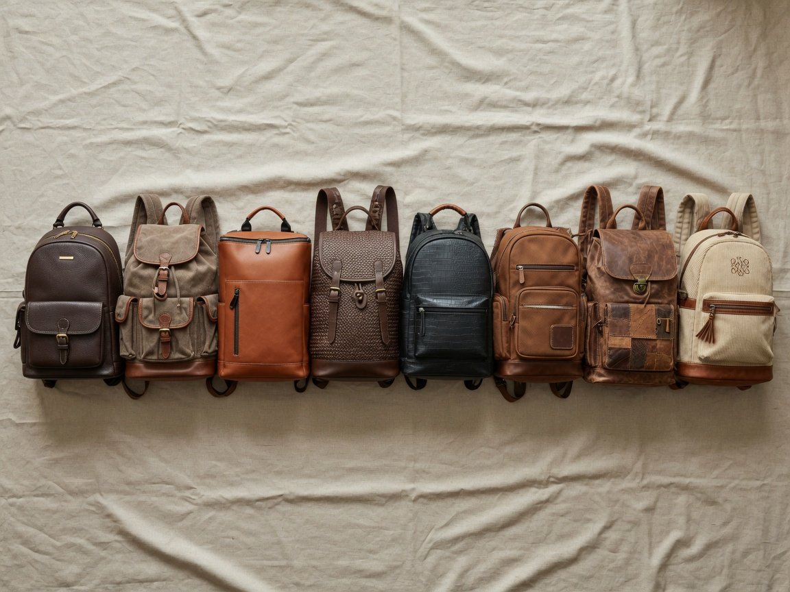 Overhead flat lay of eight women's backpack purses in a row on neutral linen, a mix of brown leather, textured, and