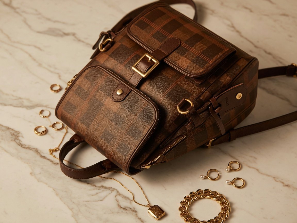 Close-up of a brown checkered plaid leather backpack purse on a white marble surface, warm product photography, styled