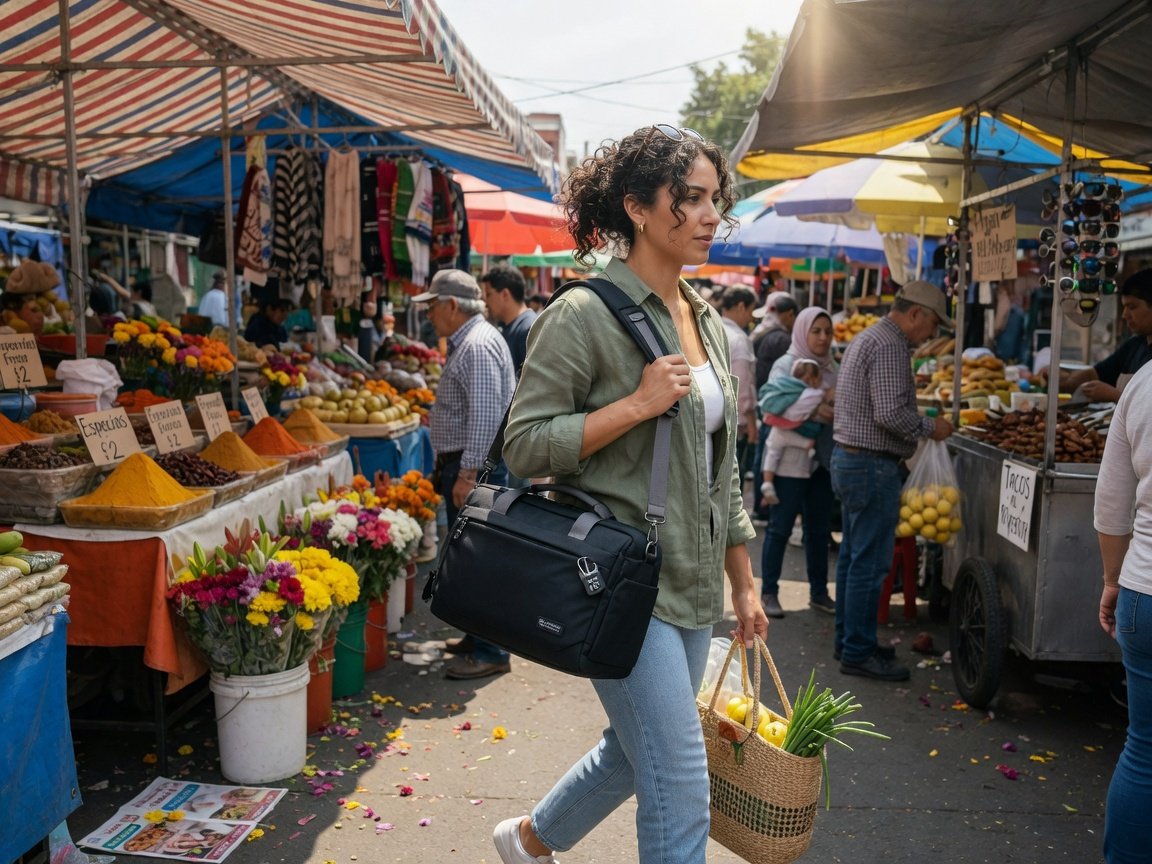 Woman wearing a convertible anti-theft backpack purse as a shoulder bag while walking through a busy city market