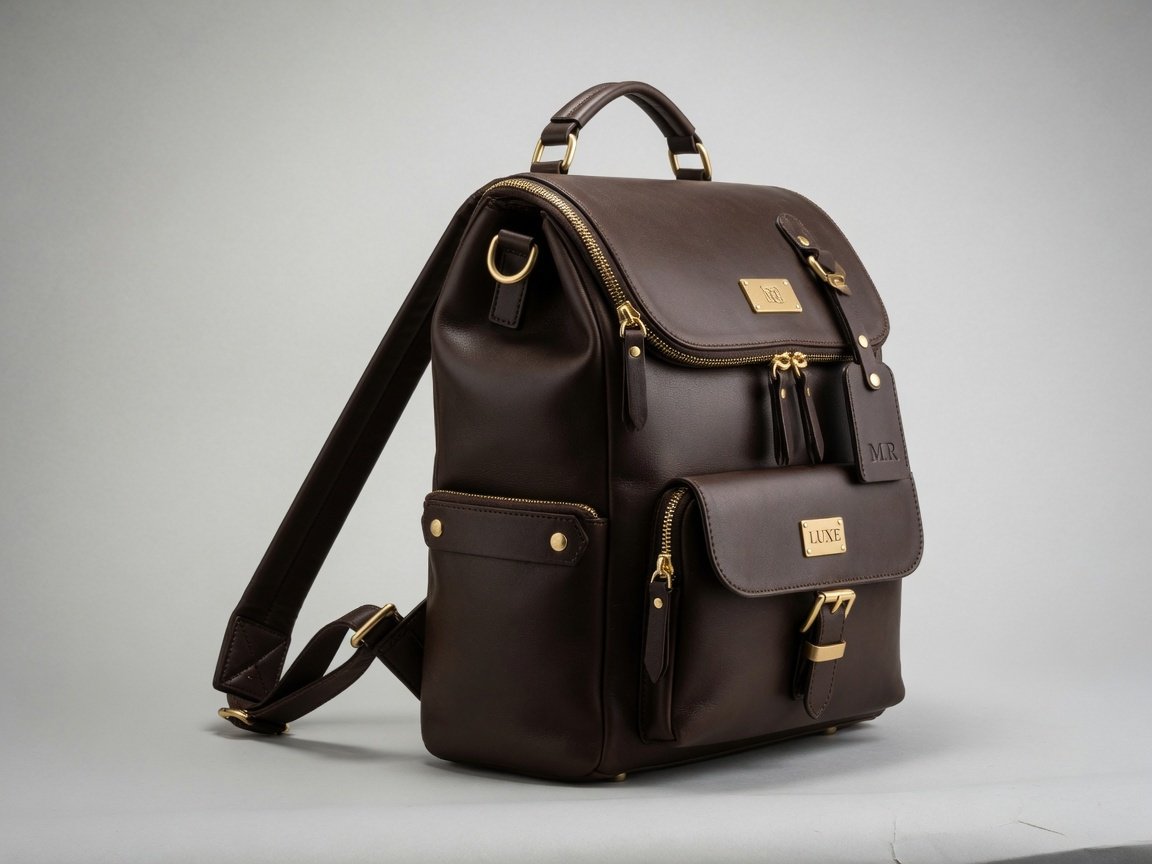 Large leather women's backpack purse in rich dark brown with designer hardware details, clean minimalist studio