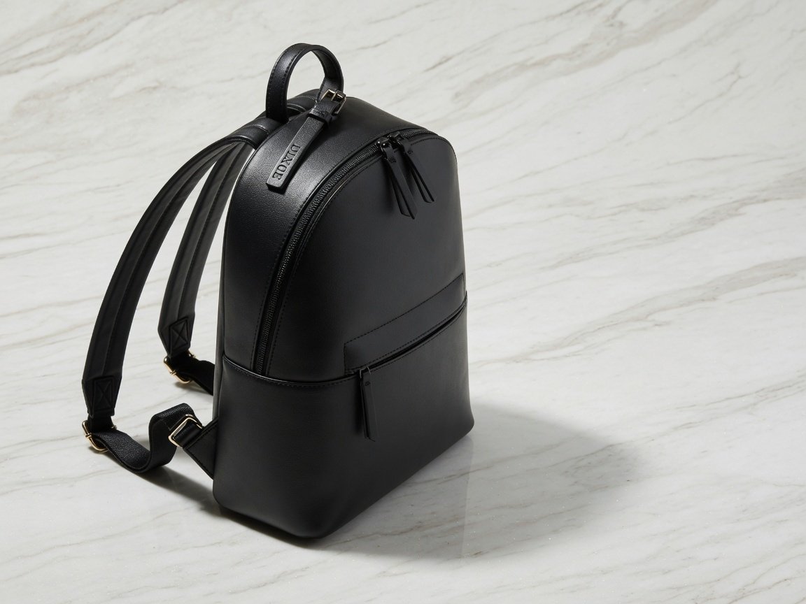 Sleek PU leather women's backpack purse in black displayed on a light marble surface, minimal styling, product