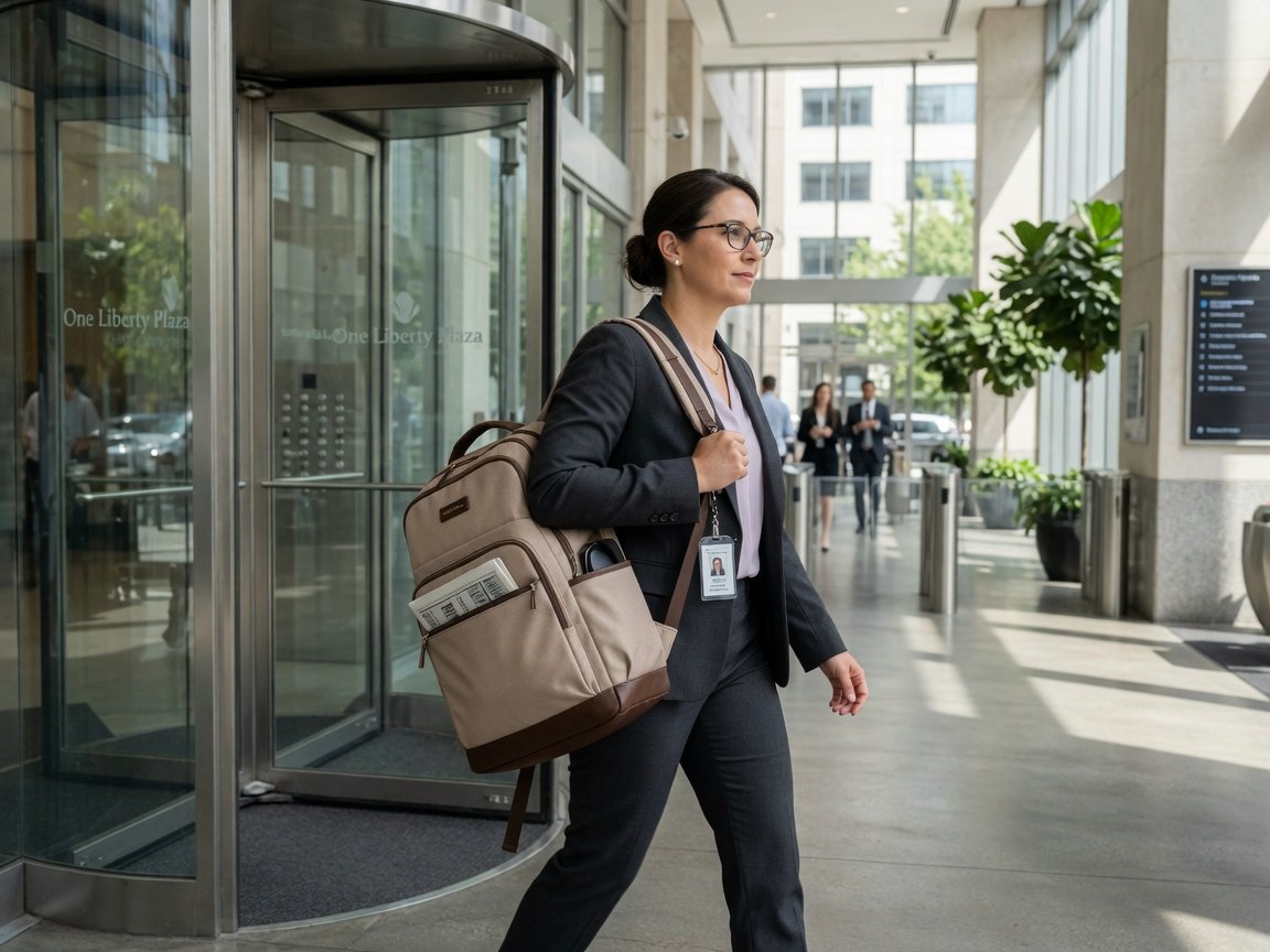 Professional woman carrying a large beige and brown laptop backpack purse at an office building entrance, natural