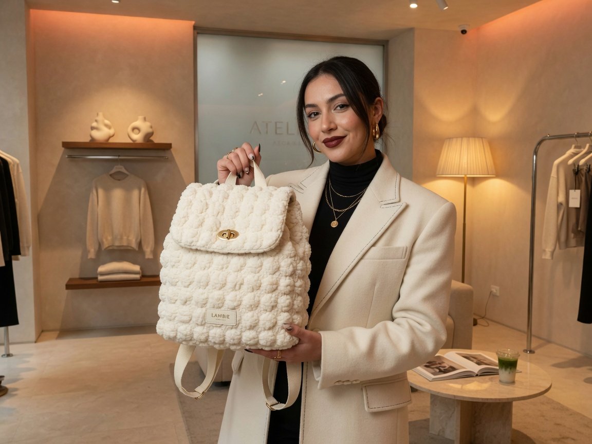 Fashion-forward woman holding a bubble lamb texture flap backpack in soft ivory tones inside a chic minimalist