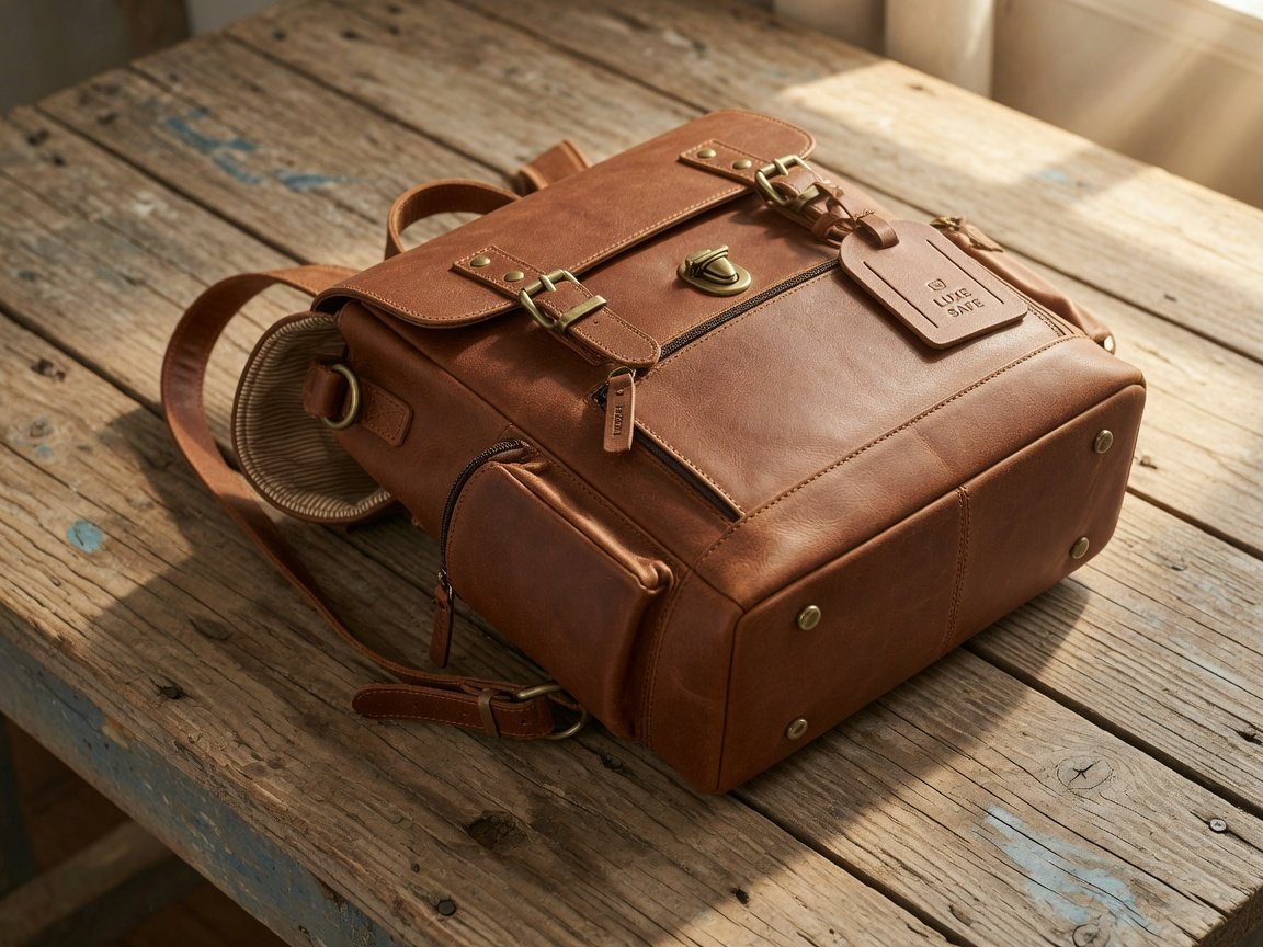 Rich genuine leather women's anti-theft satchel backpack in deep tan, resting on weathered wood, warm natural light