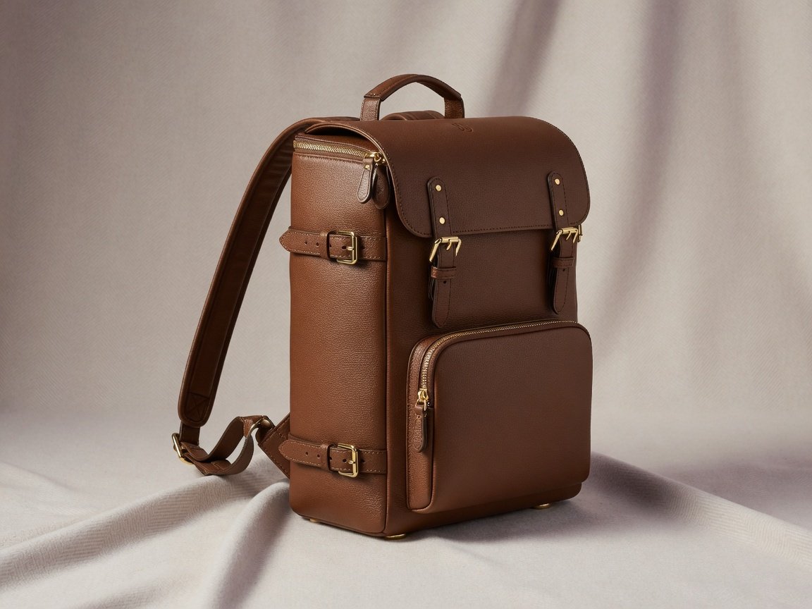 Structured premium medium backpack in rich acorn brown with polished gold hardware, displayed against a soft neutral