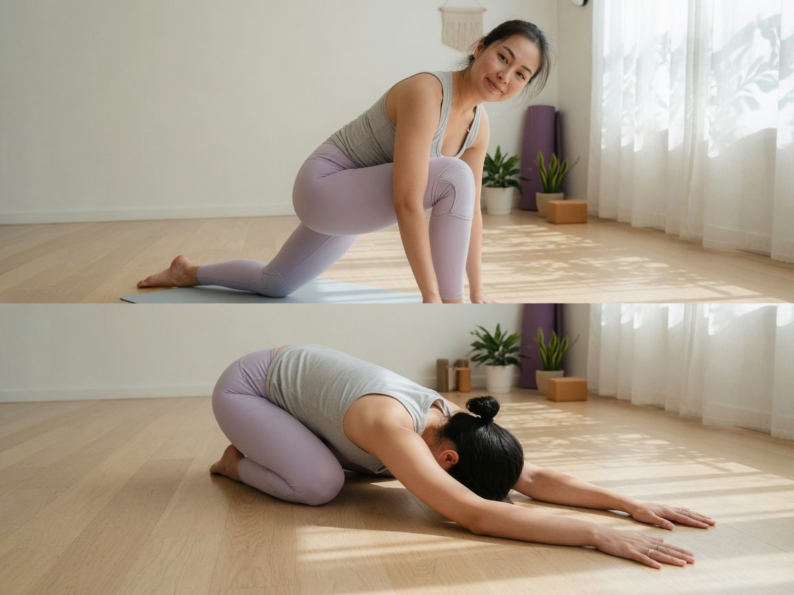 person performing hip flexor lunge stretch and child's pose to relieve backpack back pain