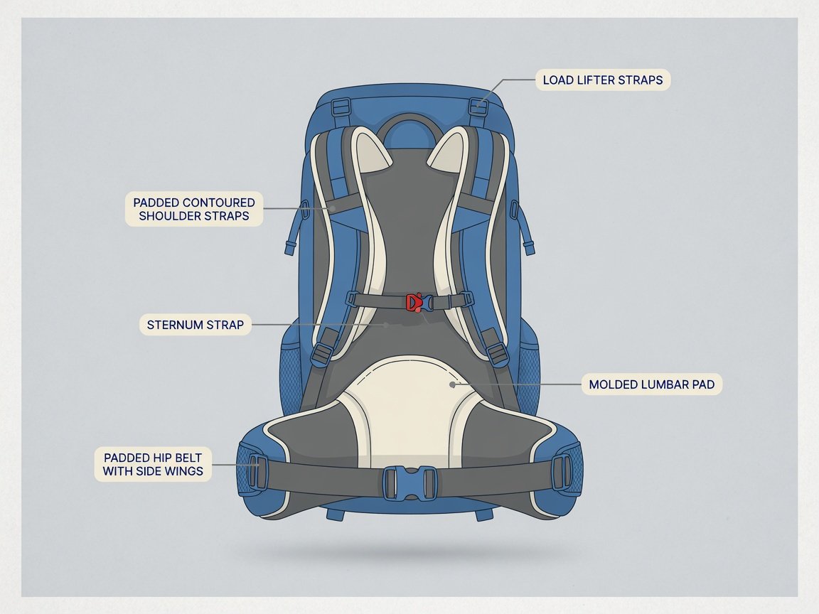 ergonomic backpack with labeled features including hip belt lumbar pad and load lifter straps to prevent back pain