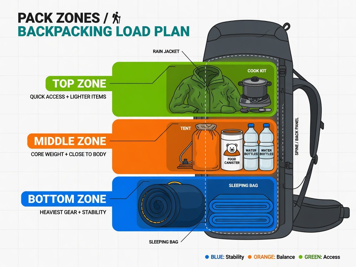 Flat-lay illustration of backpack packing zones showing bottom, middle, and top gear placement