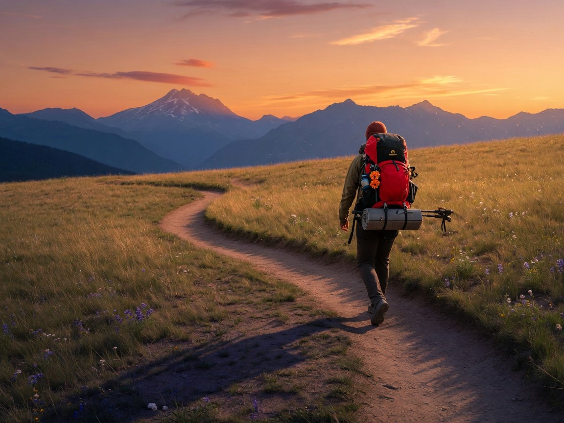 Hiker with a perfectly packed backpack walking a scenic wilderness trail at sunset