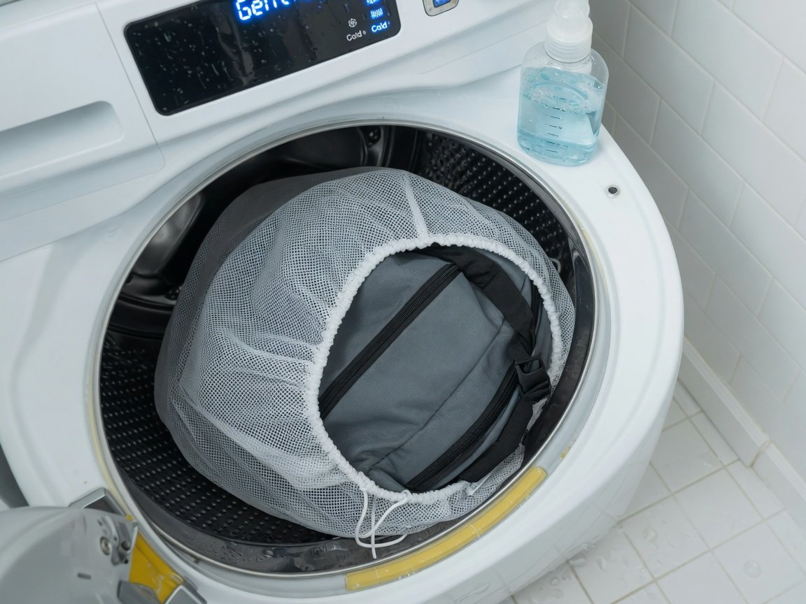 Backpack inside a mesh laundry bag ready for gentle machine wash cycle