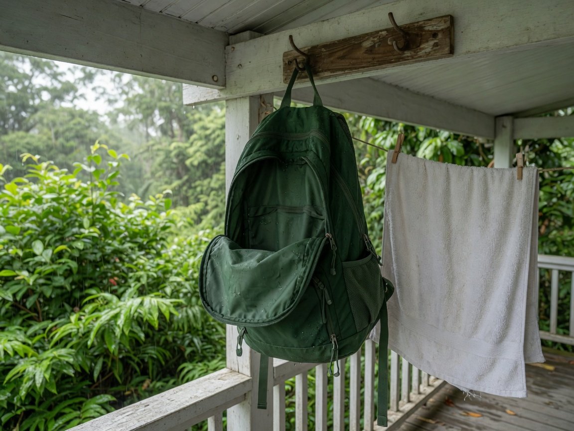 Clean backpack hanging upside down to air dry outdoors in shaded ventilated space
