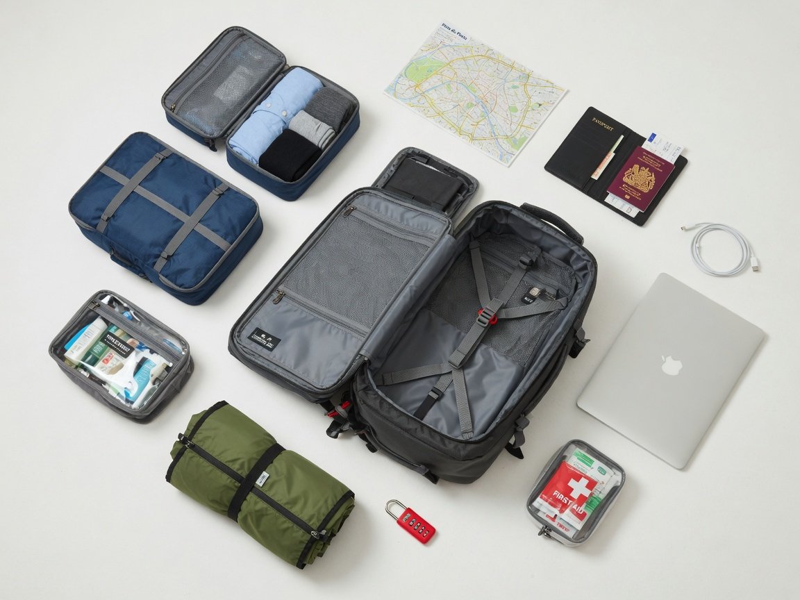 Flat lay of a 40-litre travel backpack with packing cubes, passport, laptop, and Europe trip essentials on a white background