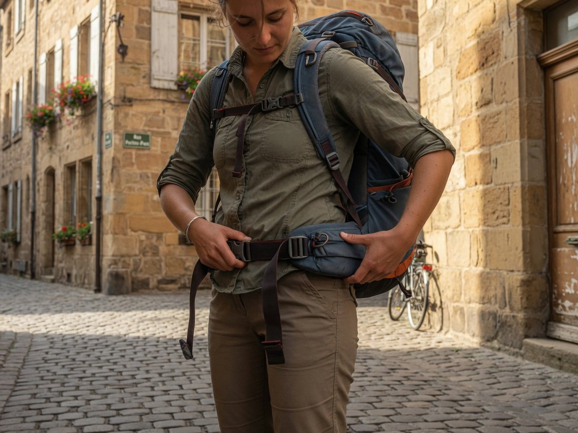 Traveller correctly adjusting hip belt of a travel backpack on a European cobblestone street with old city buildings behind