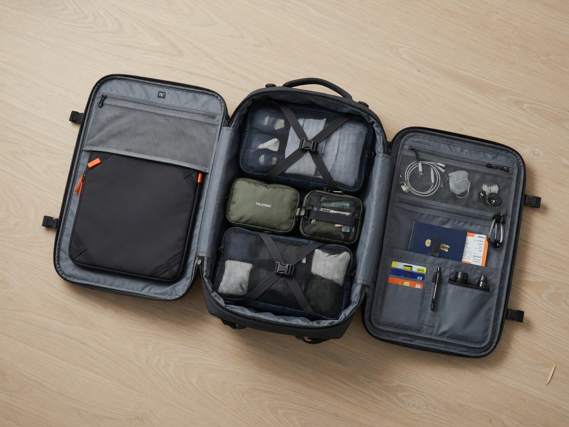 Men's travel backpack features — padded laptop sleeve, hidden pockets, TSA-friendly clamshell layout flat on surface