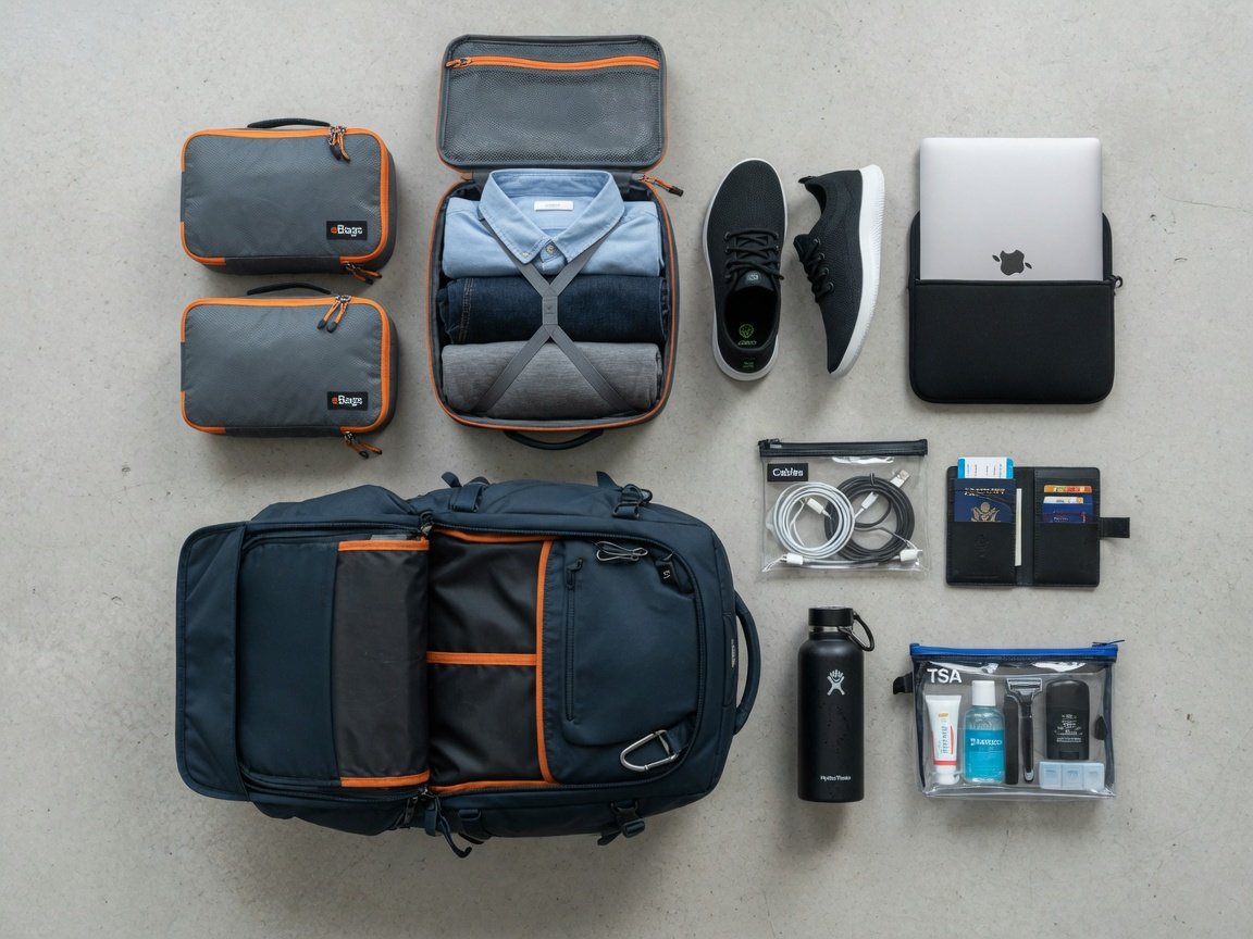 How to pack a men's travel backpack — organized packing cubes, shoes, and electronics laid out beside a 40L backpack