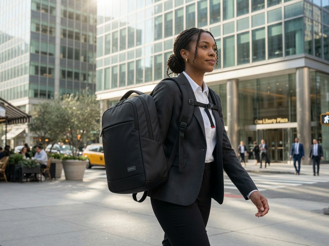 Professional wearing an ergonomic padded laptop backpack during a morning city commute in 2026