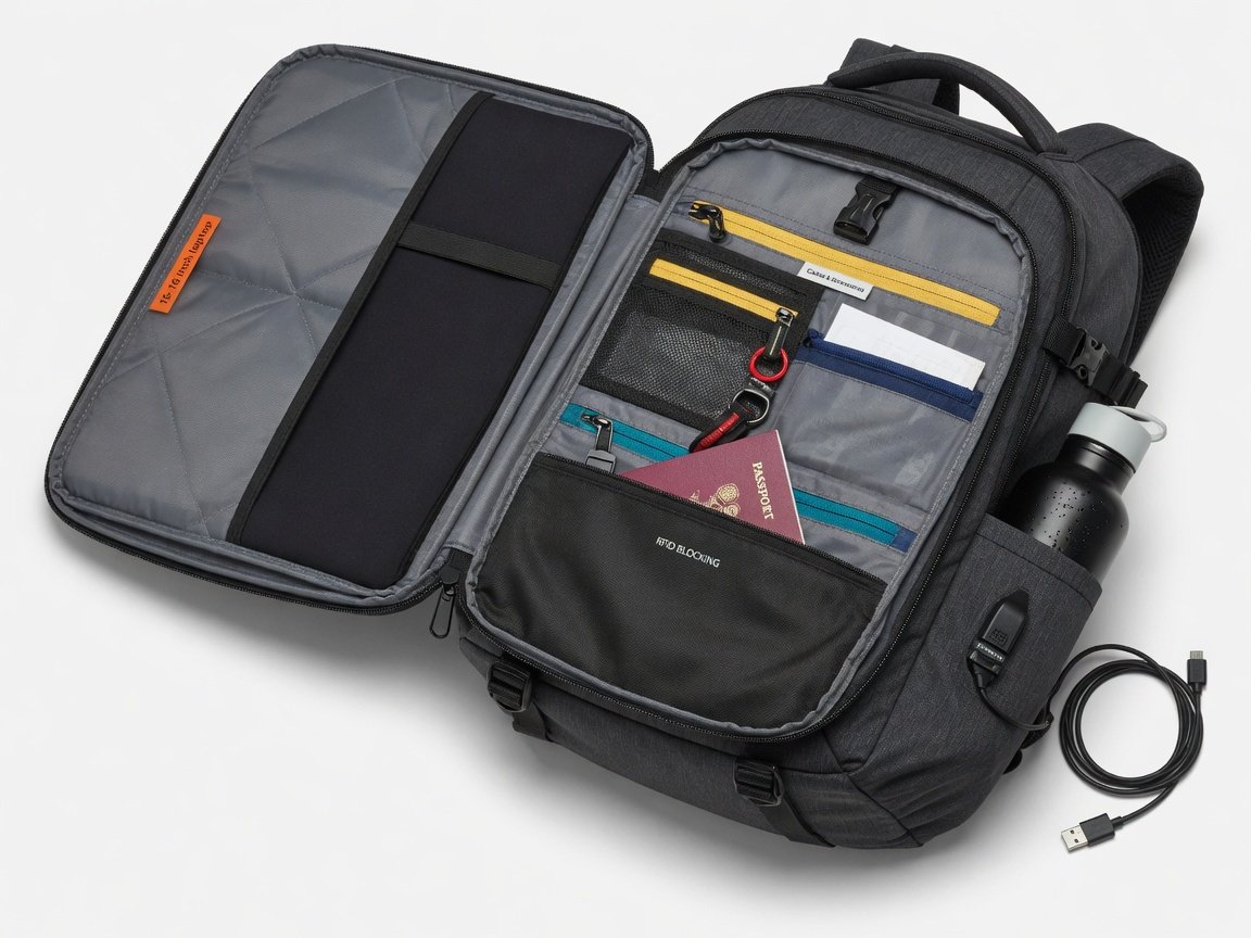Laptop backpack features breakdown showing padded sleeve, RFID pocket, USB port, and TSA lay-flat design