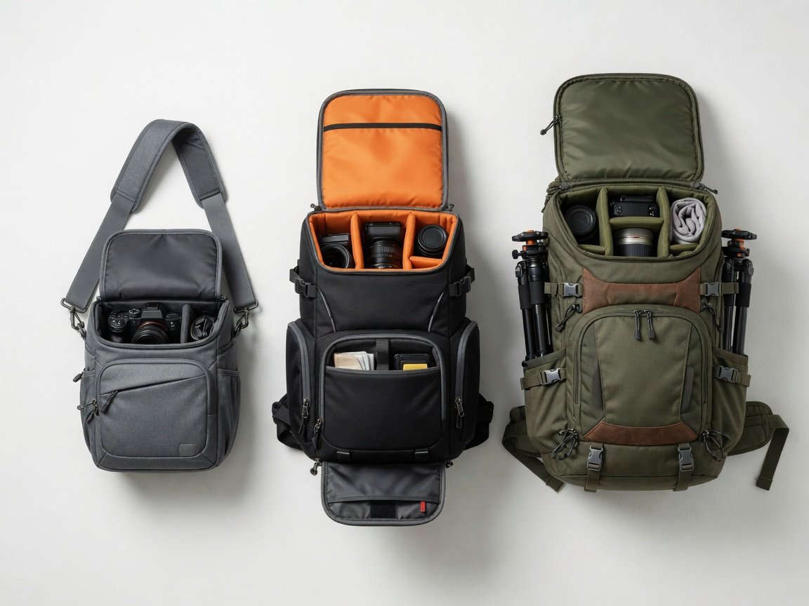 Three camera backpacks side by side showing small mirrorless, medium DSLR, and large hiking camera bag options for 2026