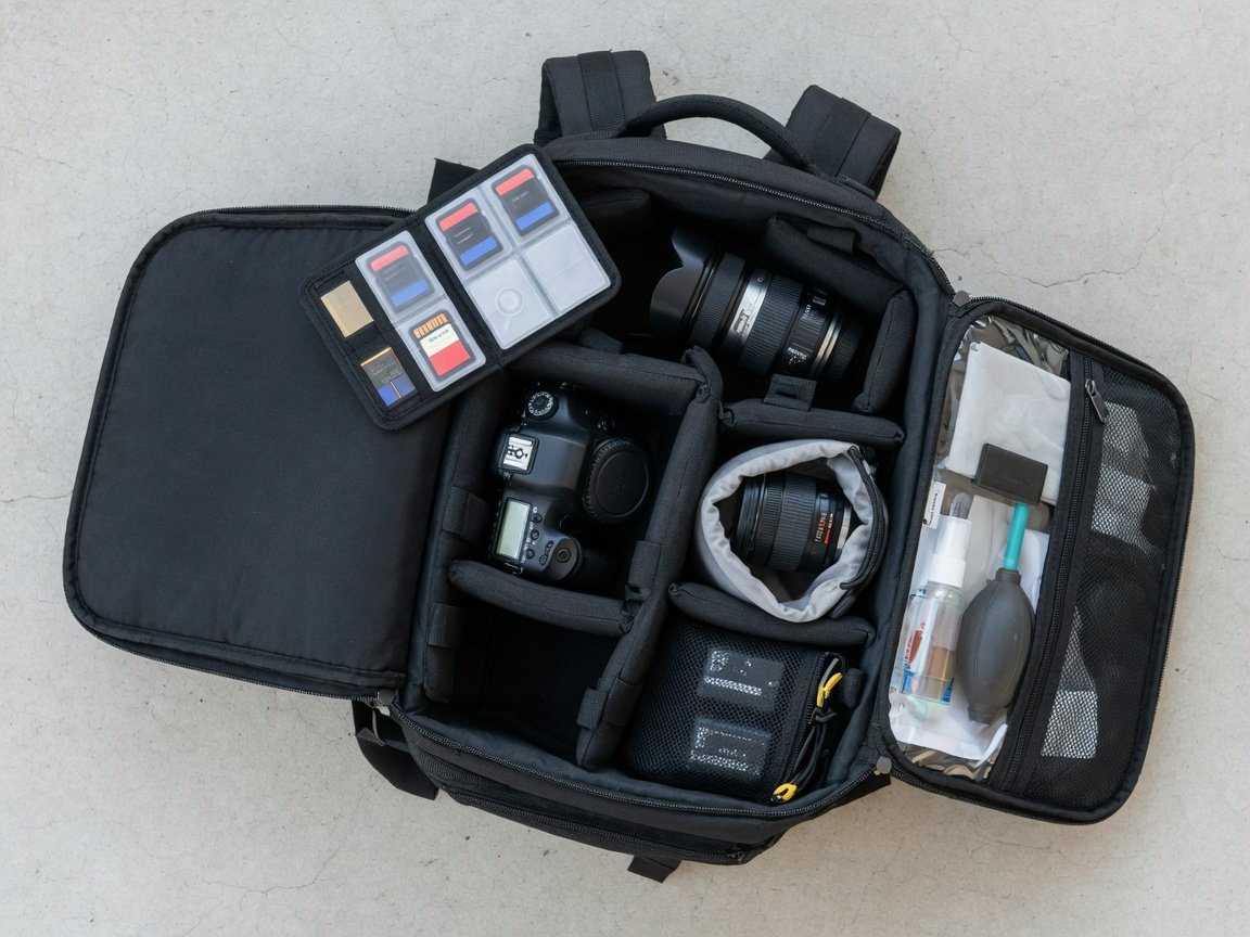 Flat lay of an organized open camera backpack with padded dividers, DSLR camera body, two lenses, and accessories neatly arranged