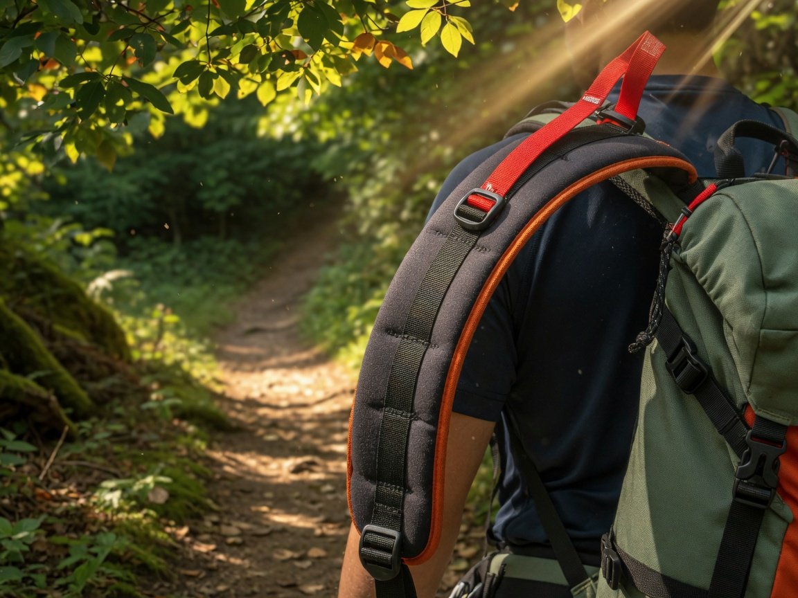 Hiker on forest trail with padded nylon shoulder straps clearly visible on a mid-size hiking backpack