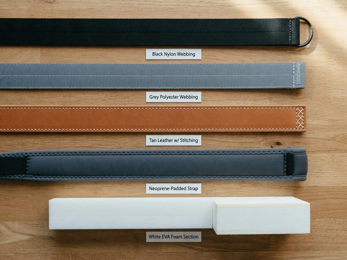 Side-by-side comparison of nylon, polyester, leather, and EVA foam backpack strap material samples on natural wood surface